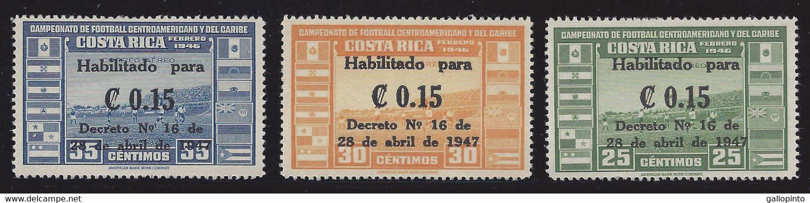 COSTA RICA CARIBBEAN CENTRAL AMERICAN SOCCER CHAMPIONSHIP SURCHARGED Sc C145-C147 MLH 1947 - Soccer American Cup