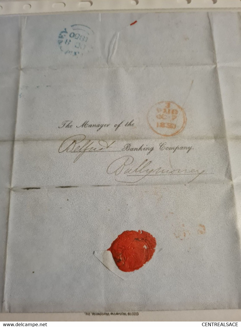 Lettre 1850 BANK OF IRELAND BELFAST POUR BALLYMONEY  Cachet Rouge Et Bleu - Prephilately