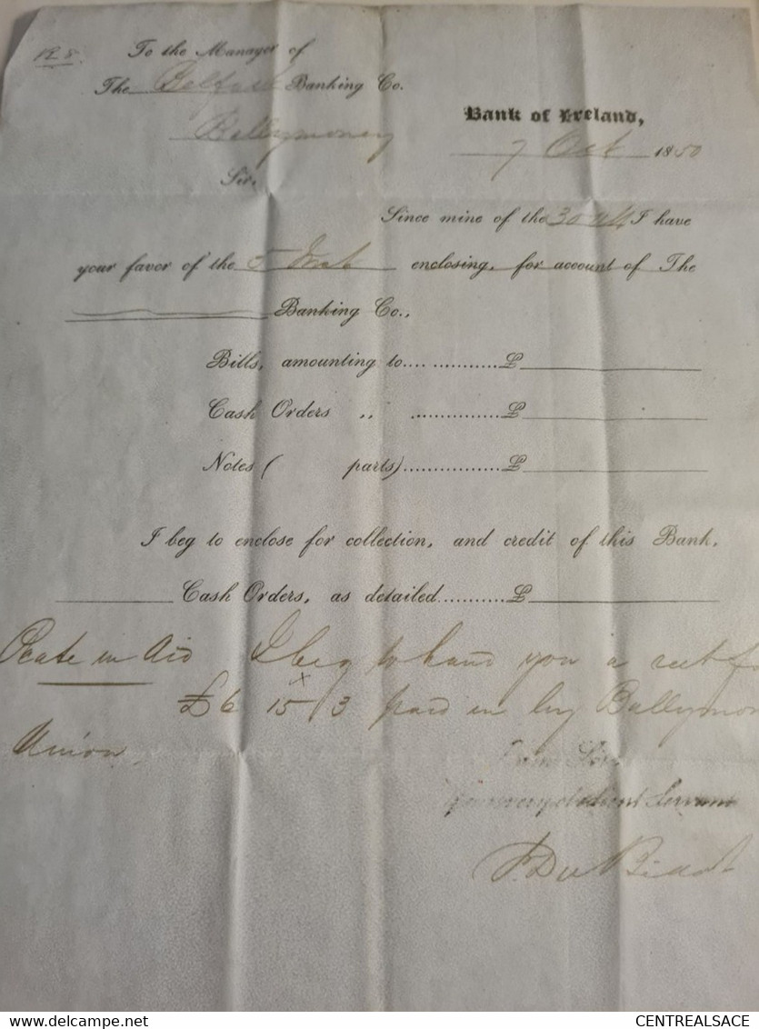 Lettre 1850 BANK OF IRELAND BELFAST POUR BALLYMONEY  Cachet Rouge Et Bleu - Préphilatélie