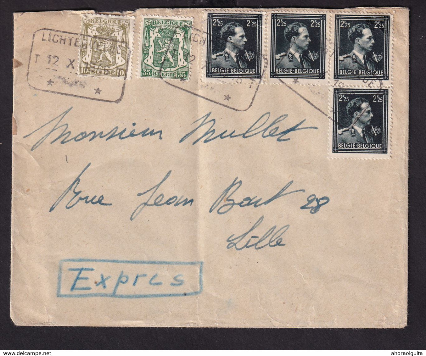 DDCC 864 - Enveloppe Par EXPRES TP Col Ouvert Et Petit Sceau - Cachet Télégraphique LICHTERVELDE 1946 Vers LILLE - 1936-1957 Col Ouvert