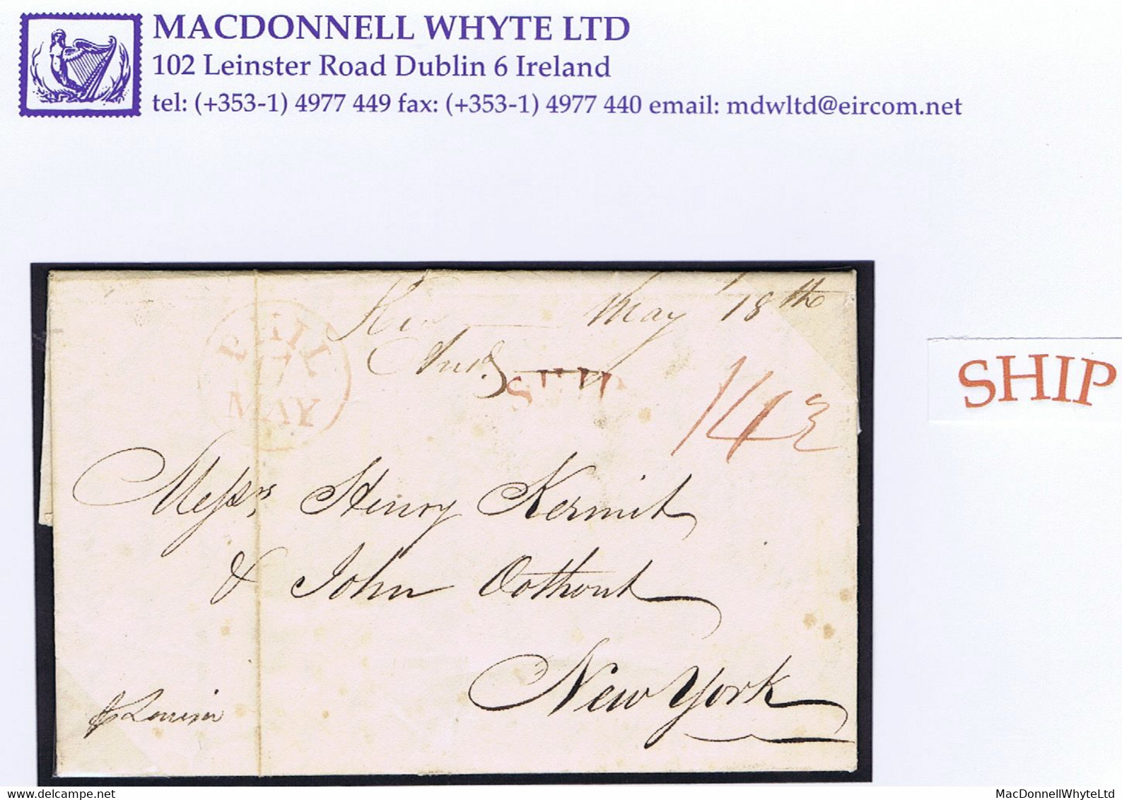 Ireland Transatlantic USA Dublin 1816 Letter "p Louisa" Dublin To New York With Philadelphia Arc SHIP In Claret - Préphilatélie
