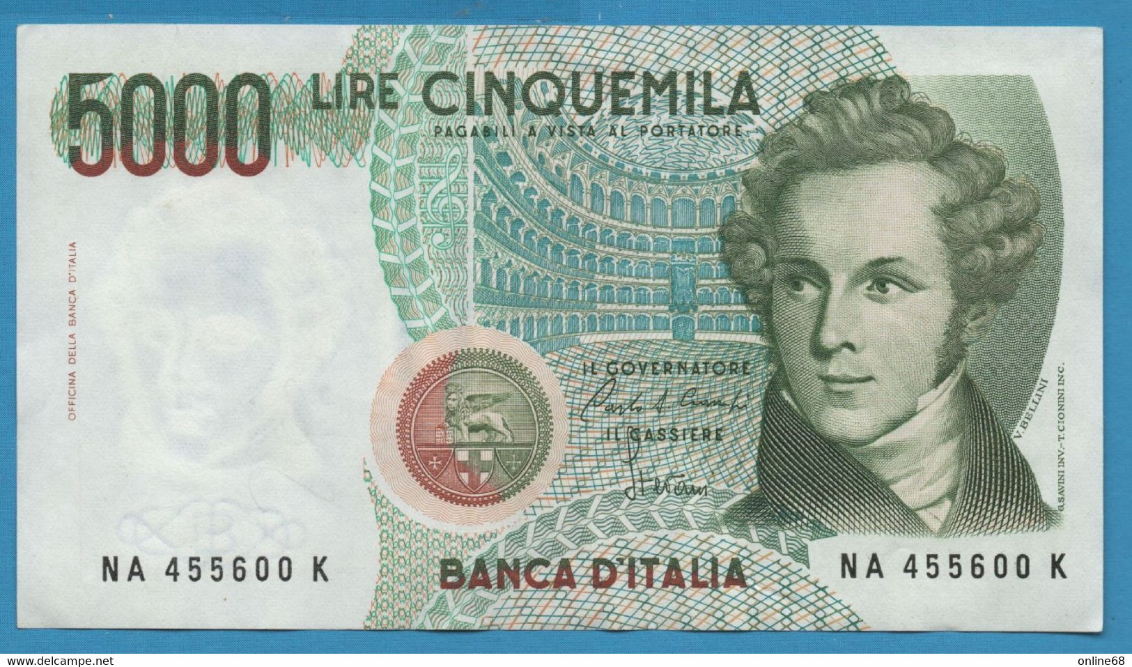 ITALIA 5000 LIRE 04.01.1985 # NA455600K P# 111a Vincenzo Bellini Signatures: Ciampi & Stevani - 5000 Lire