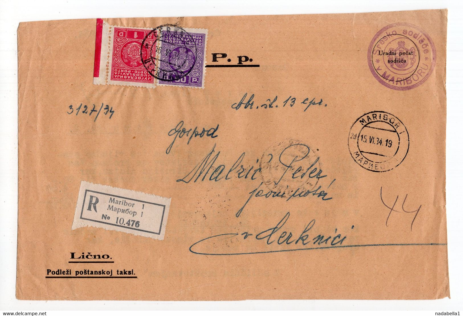 1934. KINGDOM OF YUGOSLAVIA,SLOVENIA,MARIBOR RECORDED COVER TO CERKNICA,POSTAGE DUE - Timbres-taxe