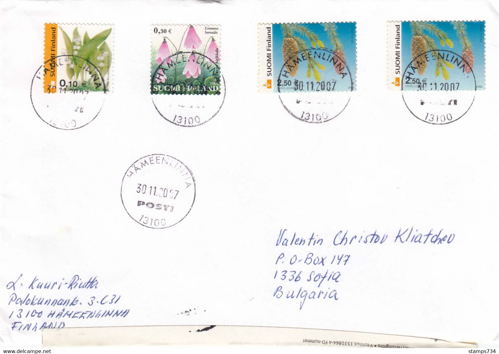 Finland - 066/2007 - Flowers, Letter Registred From Haemeenlina To Sofia(Bulgaria) - Storia Postale
