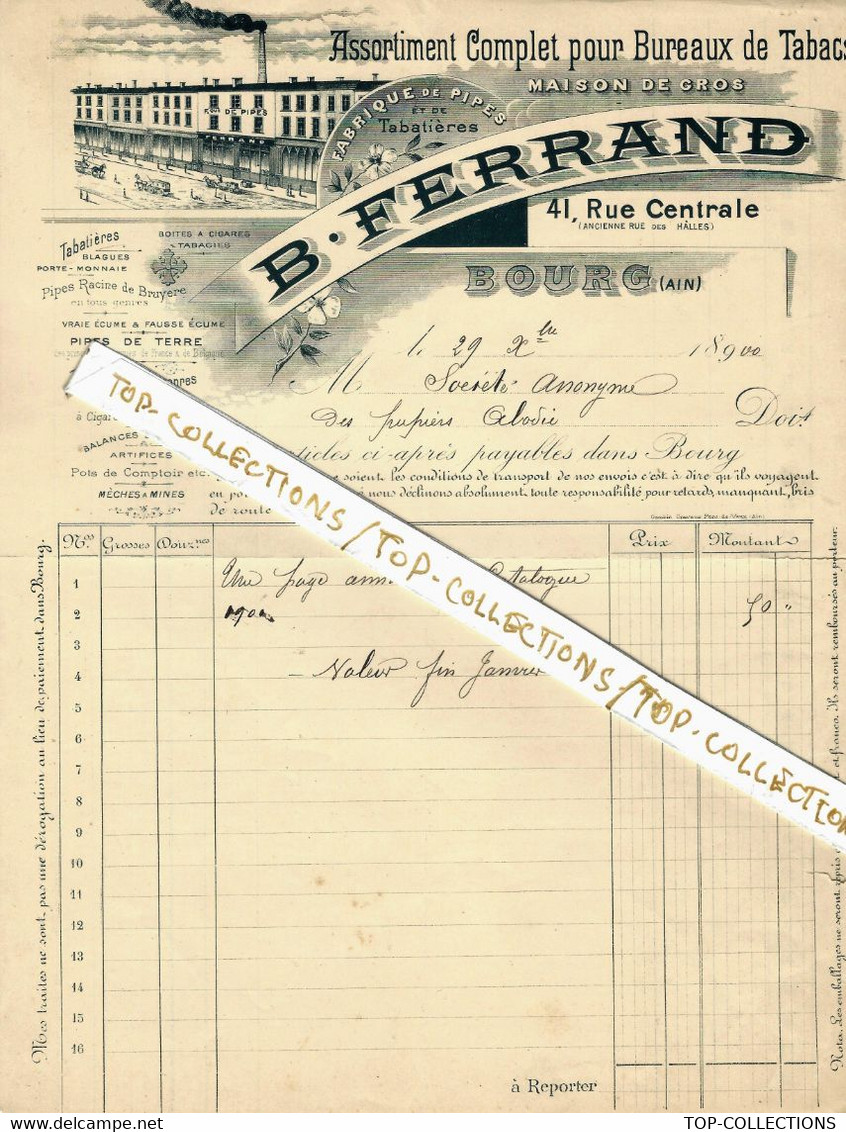 1900 B. FERRAND Bourg Ain ENSEIGNE FABRIQUE PIPES ET TABATIERES Pour Abadie Papiers Paris V.SCANS - 1900 – 1949