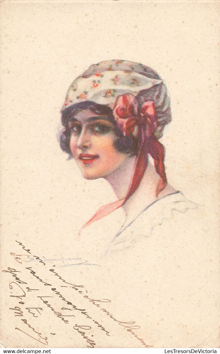 CPA Illustrateur S Bompard - Femme Avec Un Bonnet Fleuri Et Ruban Rouge Avec Noeud - Bompard, S.