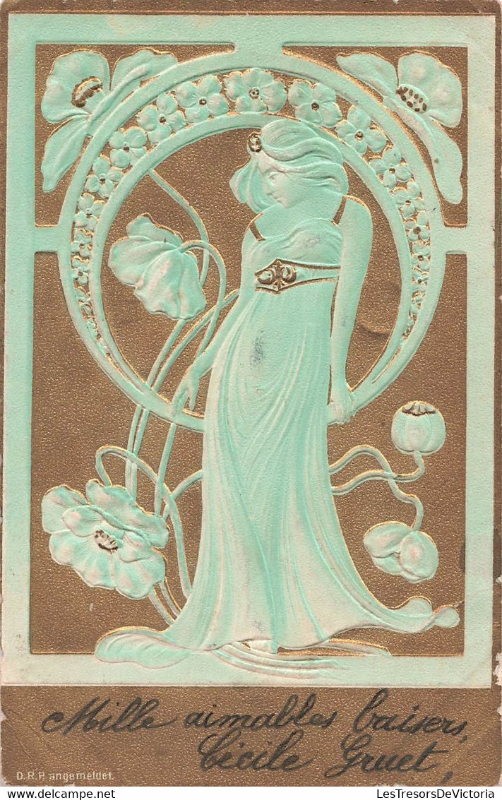 CPA Illustrateur Style Art Nouveau - Femme En Relief Couleur Vert D'eau Et Doré - Oblitéré A Eu En 1905 - Non Classificati