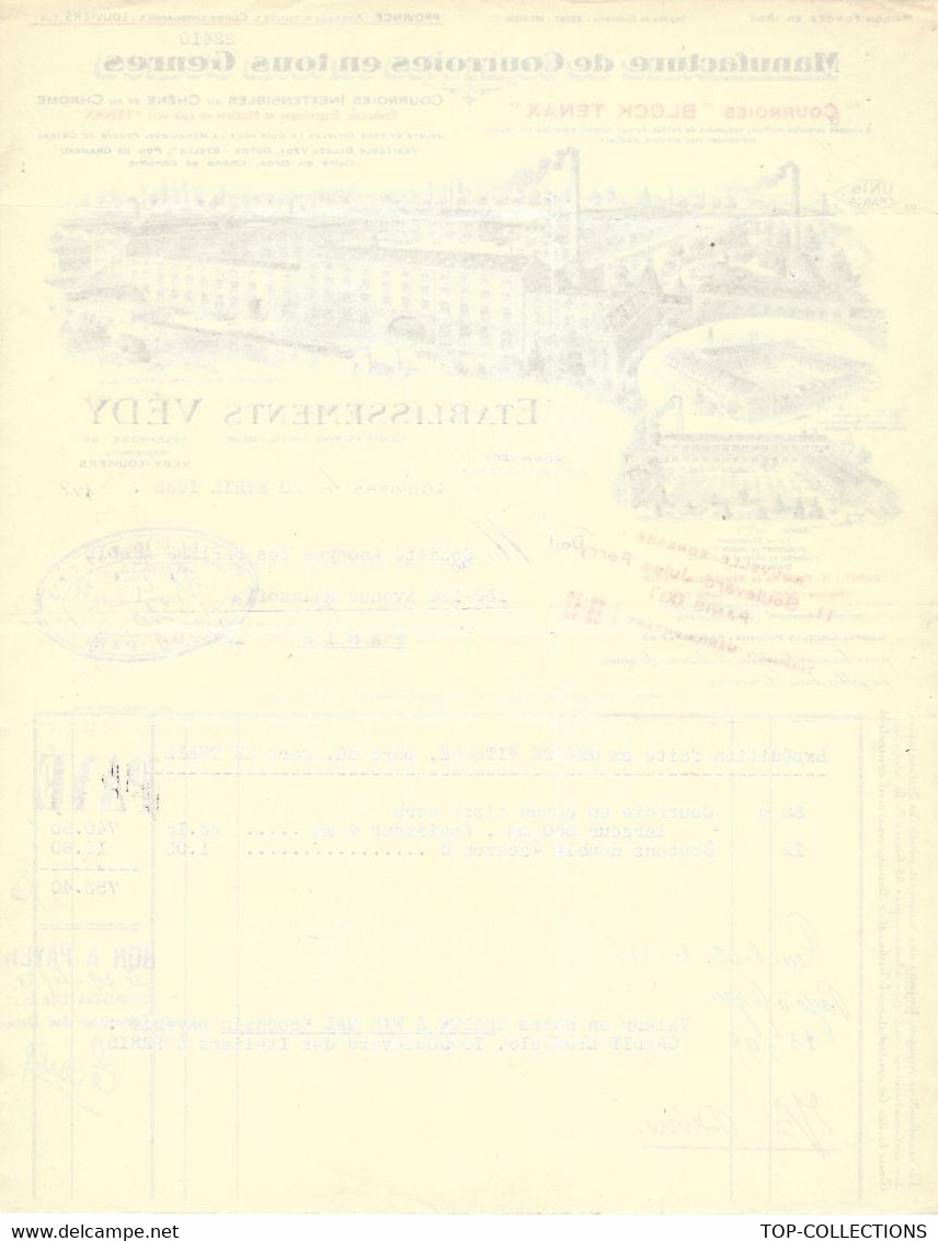 1932 ETS VEDY MANUFACTURE DE COURROIES à Louviers (Eure) ENSEIGNE DES 3 USINES Pour Adadie Papiers Paris B.E.V.SCANS - 1900 – 1949