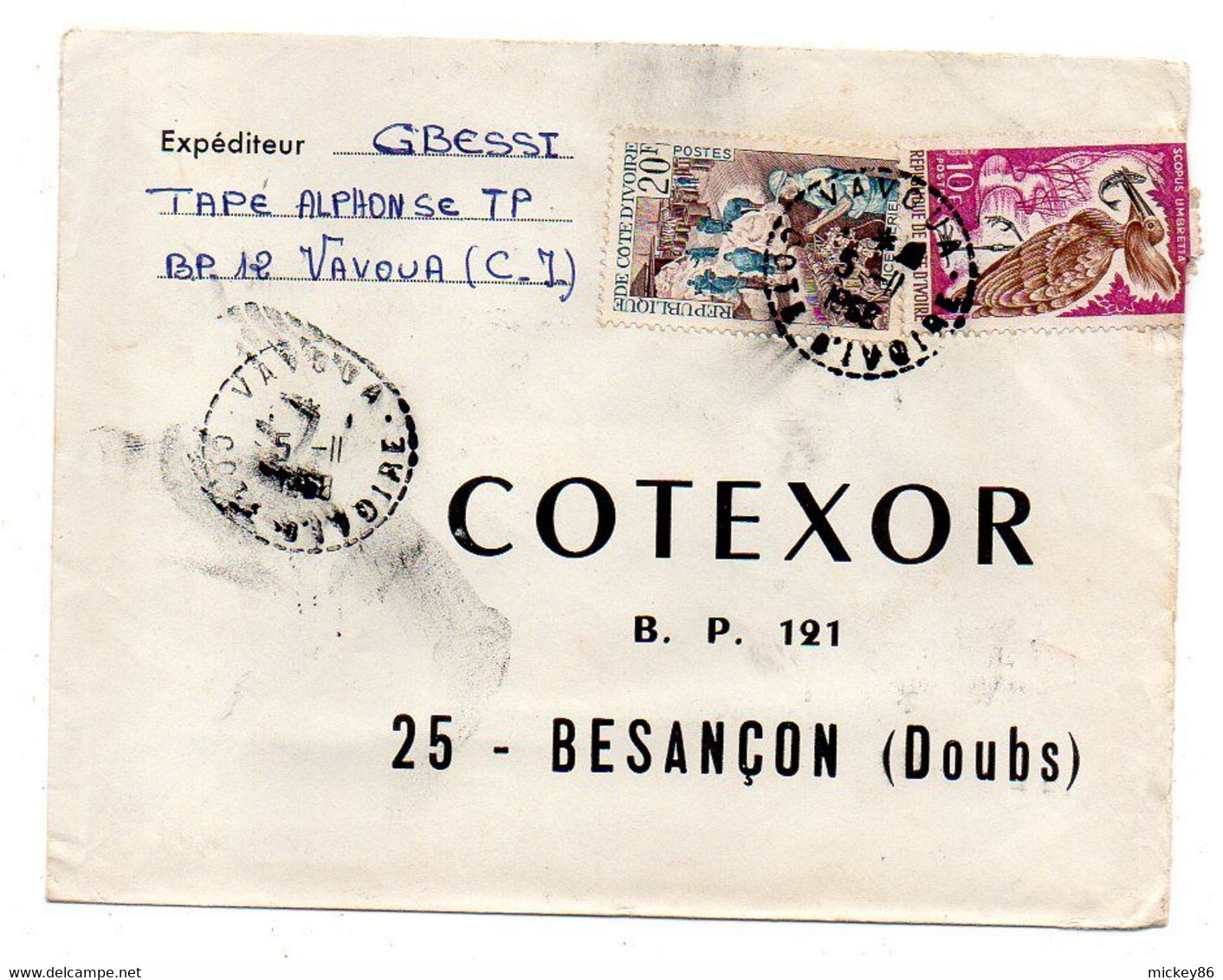 Côte D'Ivoire-1968- Lettre VAVOUA   Pour Besançon-25--tp  Oiseau..et..divers  Sur Lettre..cachet......à Saisir - Costa De Marfil (1960-...)