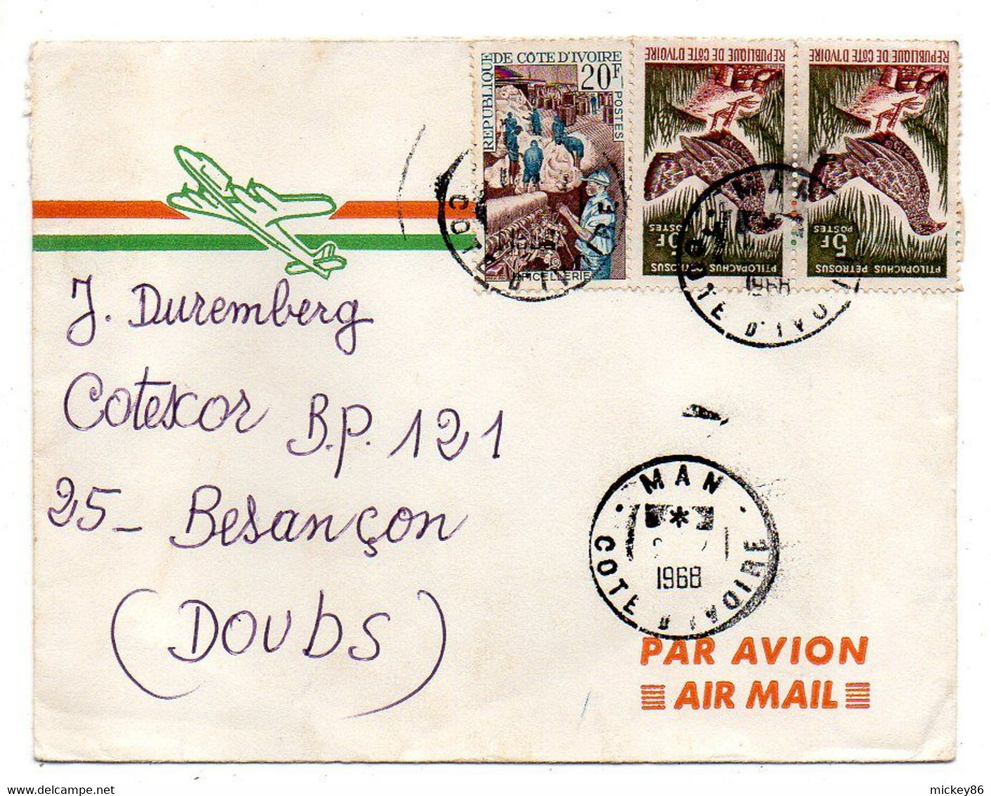 Côte D'Ivoire -1968 - Lettre MAN   Pour Besançon-25--tp Divers   Sur Lettre....cachet......à Saisir - Côte D'Ivoire (1960-...)