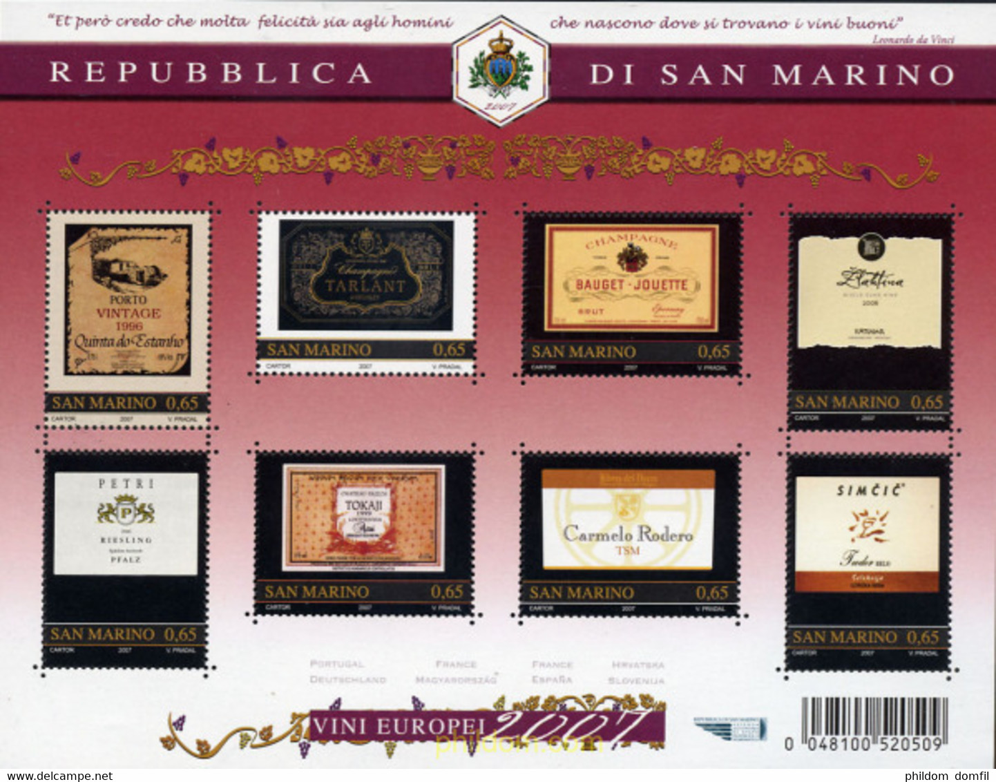 251206 MNH SAN MARINO 2007 LOS GRANDES VINOS EUROPEOS-ETIQUETAS DE PRODUCTORES - Usados