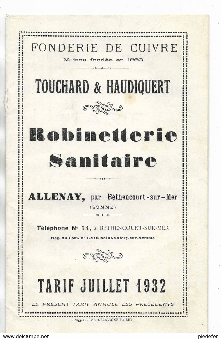 80 - Catalogue Tarifé Des Ets " TOUCHARD & HAUDIQUERT à Allenay ( Somme ) - Année 1932 - Publicidad