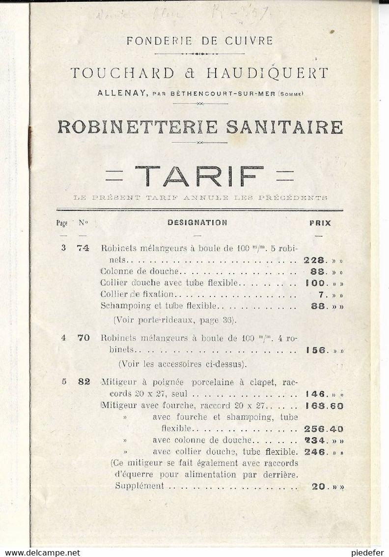 80 - Catalogue Tarifé Des Ets " TOUCHARD & HAUDIQUERT à Allenay ( Somme ) - Année 1932 - Advertising