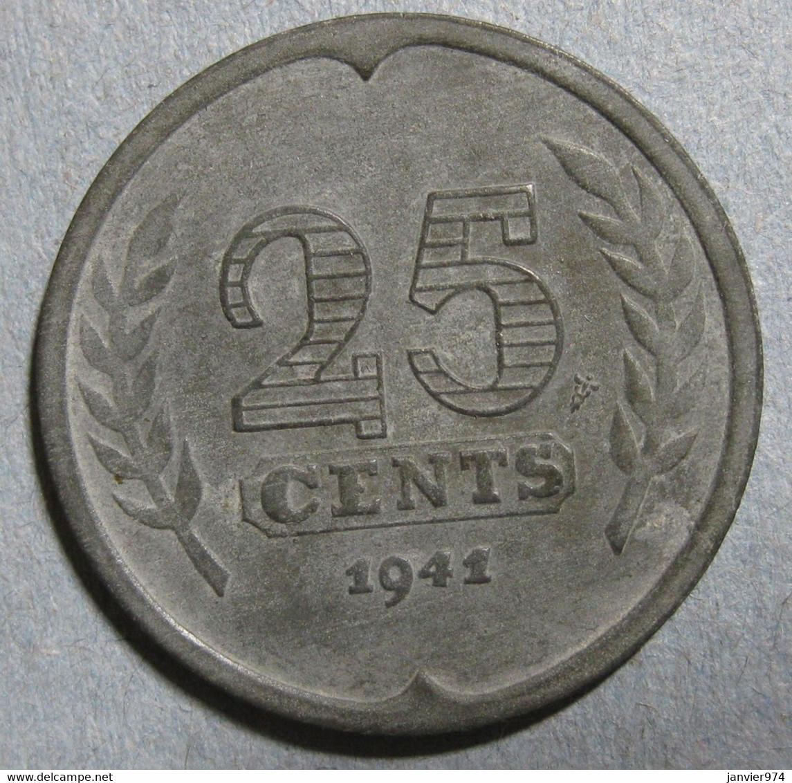 Pays Bas Occupation Allemande 25 Cents 1941 Wilhelmina, En Zinc , KM# 174 - 25 Centavos