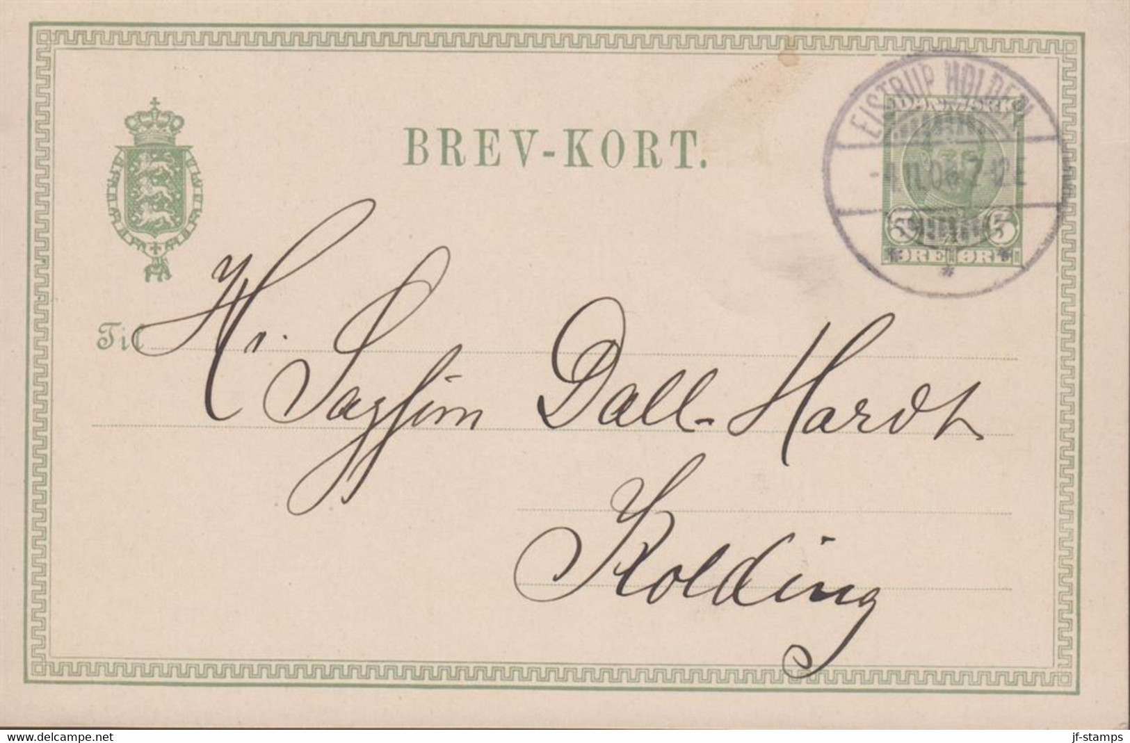 1908. DANMARK. BREVKORT 5 ØRE Frederik VIII Luxus Cancelled EISTRUP HOLDEPL. 4.11.08. Unusual Cancel.  - JF434674 - Storia Postale