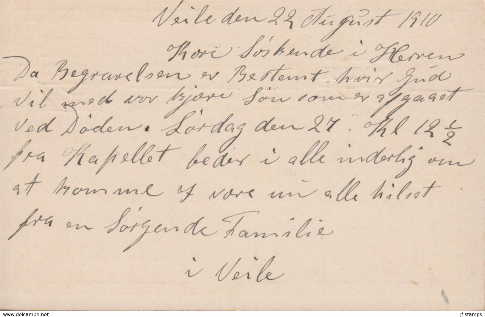 1910. DANMARK. BREVKORT 5 ØRE Frederik VIII Luxus Cancelled VEJLE 22.8.10. - JF434676 - Brieven En Documenten