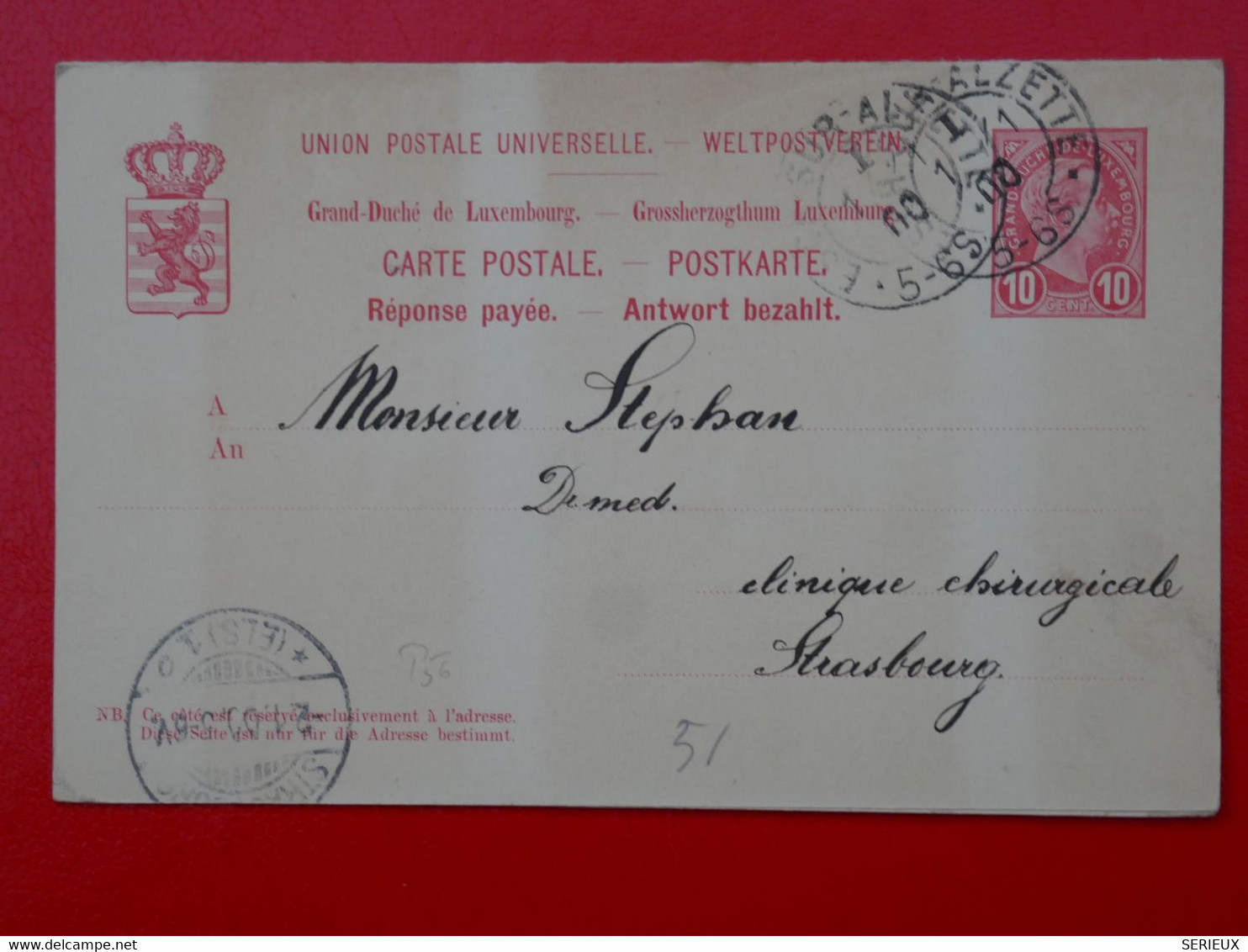 BI 9 LUXEMBOURG  BELLE  CARTE  DOUBLE 1900 POUR STRASBOURG  FRANCE  +AFFRANC. INTERESSANT++. - Postwaardestukken