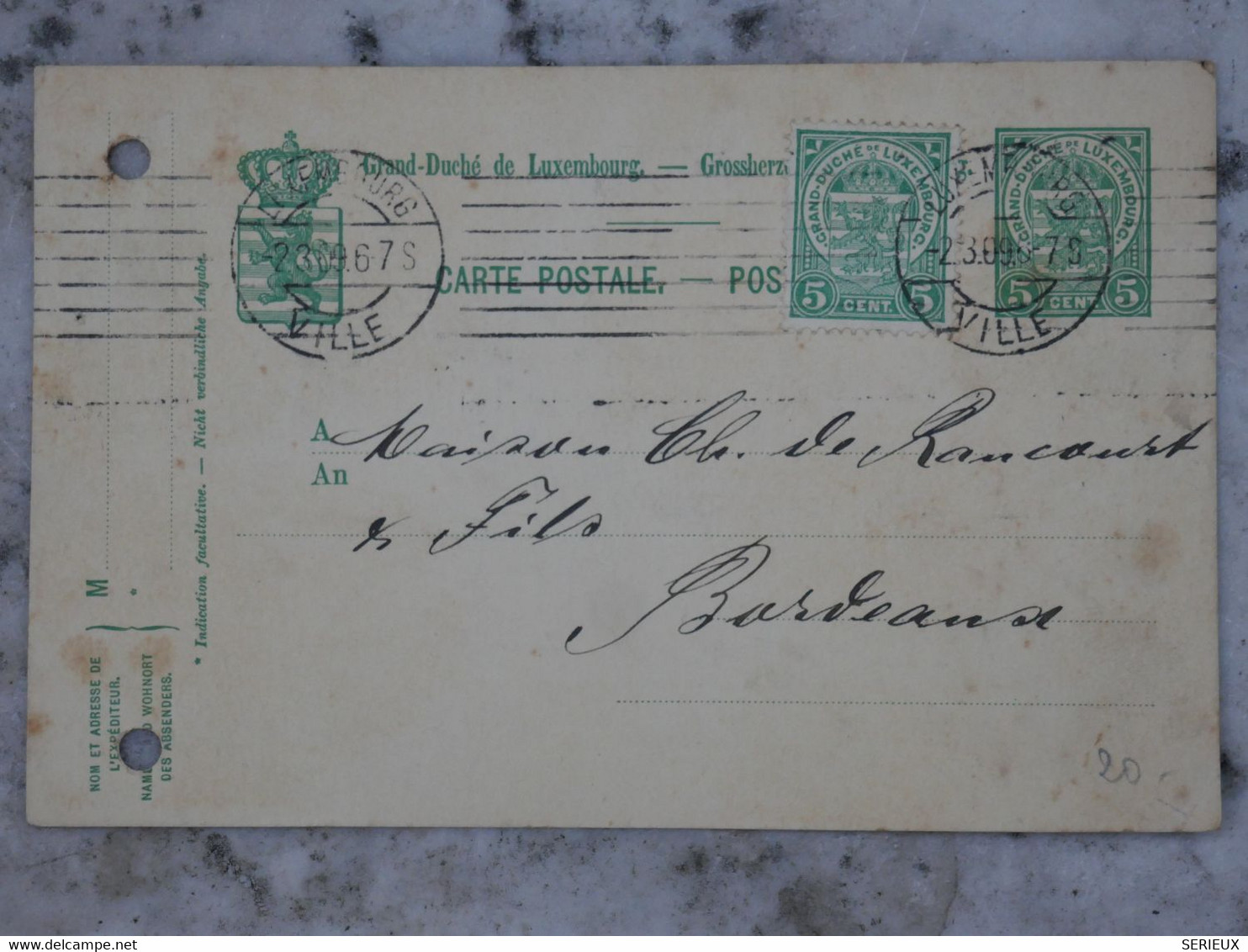 BI 9 LUXEMBOURG  BELLE  CARTE ENTIER 1896  A BORDEAUX FRANCE +AFF. INTERESSANT - Stamped Stationery