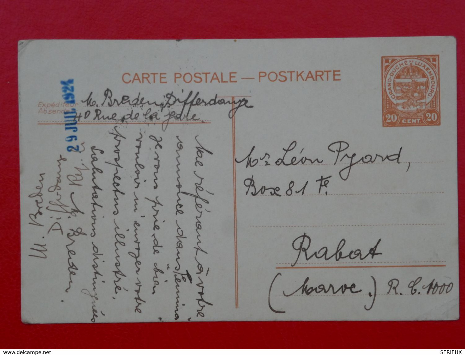 BI 9 LUXEMBOURG  BELLE  CARTE ENTIER RR  1924  A  RABAT MAROC  +AFF. INTERESSANT - Interi Postali