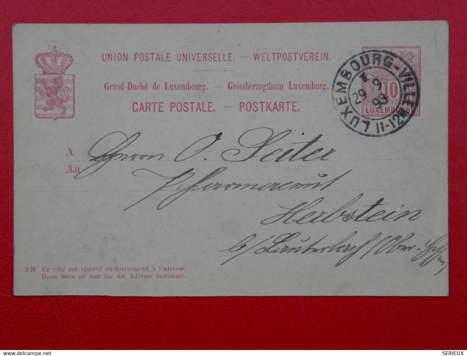 BI 9 LUXEMBOURG  BELLE  CARTE   RECOM. ENTIER RR  1893 A HERBSTEIN   +AFF. INTERESSANT - Entiers Postaux