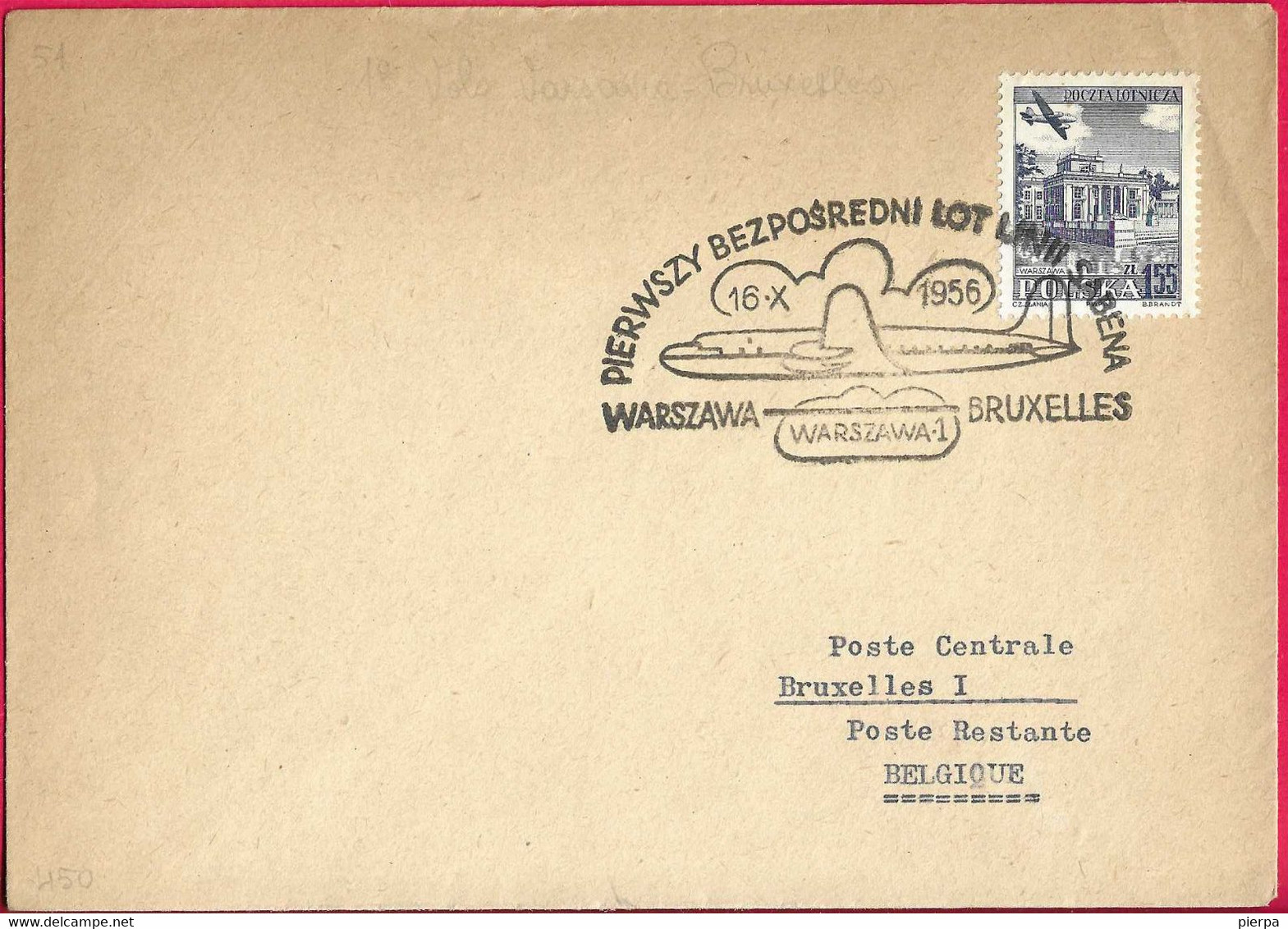 POLONIA - ANNULLO SPECIALE VOLO LOT WARSAVIA- BRUXELLES *16.X.1956* SU BUSTA GRANDE - Posta Aerea