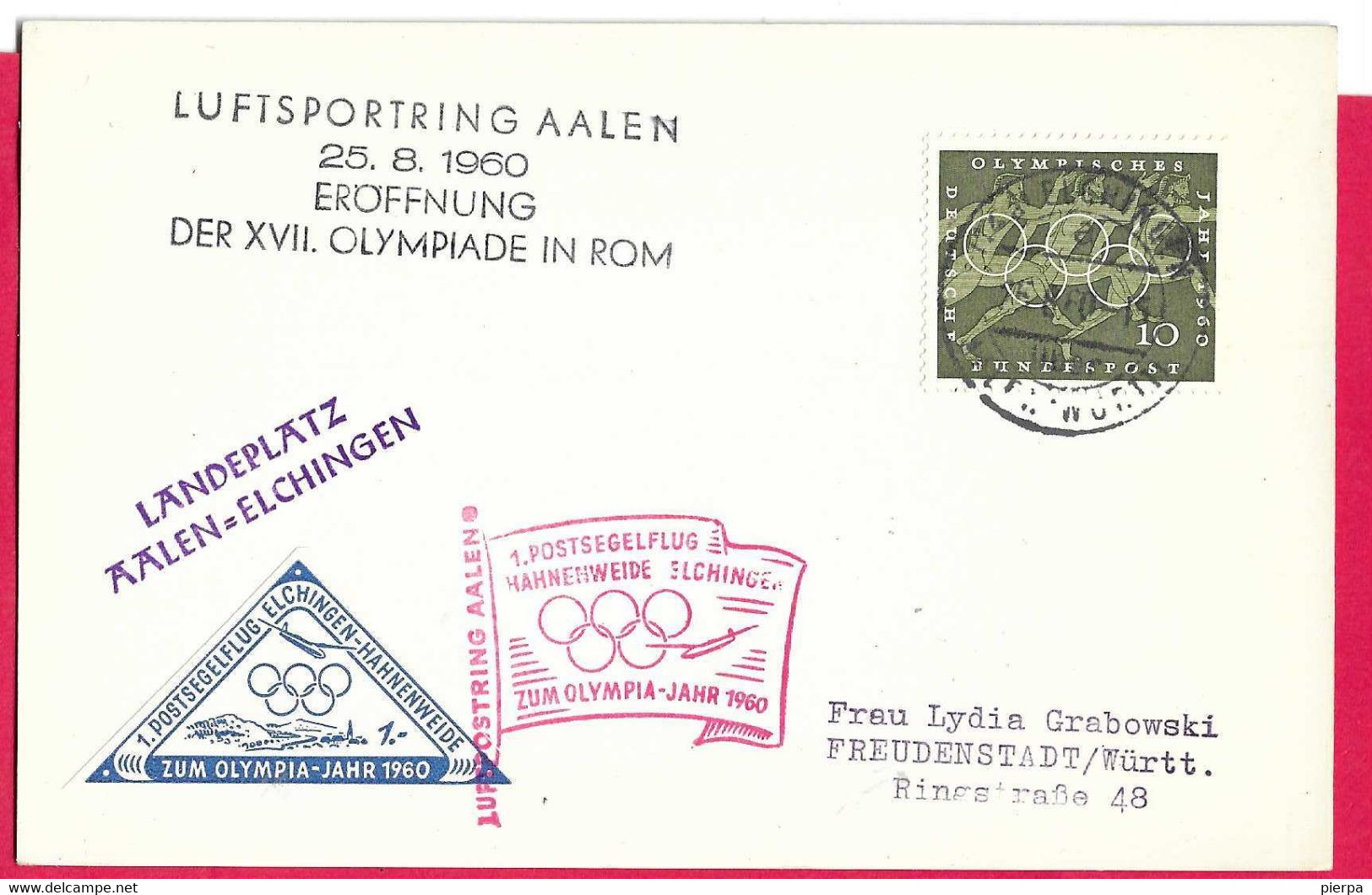 OLIMPIADE 1960 ROMA - CARTOLINA COMMEMORATIVA DA ELCHINGEN(GERMANIA) *25.8.1960* - Airplanes