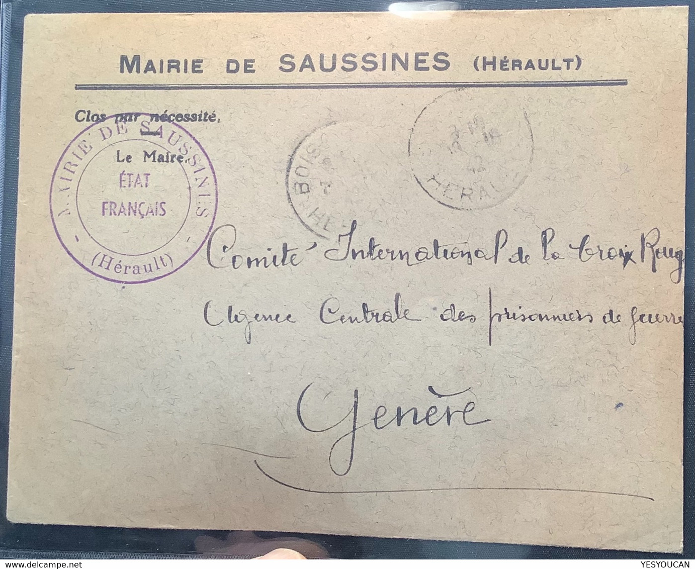 ÉTAT FRANÇAIS MAIRIE SAUSSINES HERAULT 1942 >CROIX ROUGE Genéve Suisse (France Red Cross War Cover Lettre Pow - Guerre De 1939-45