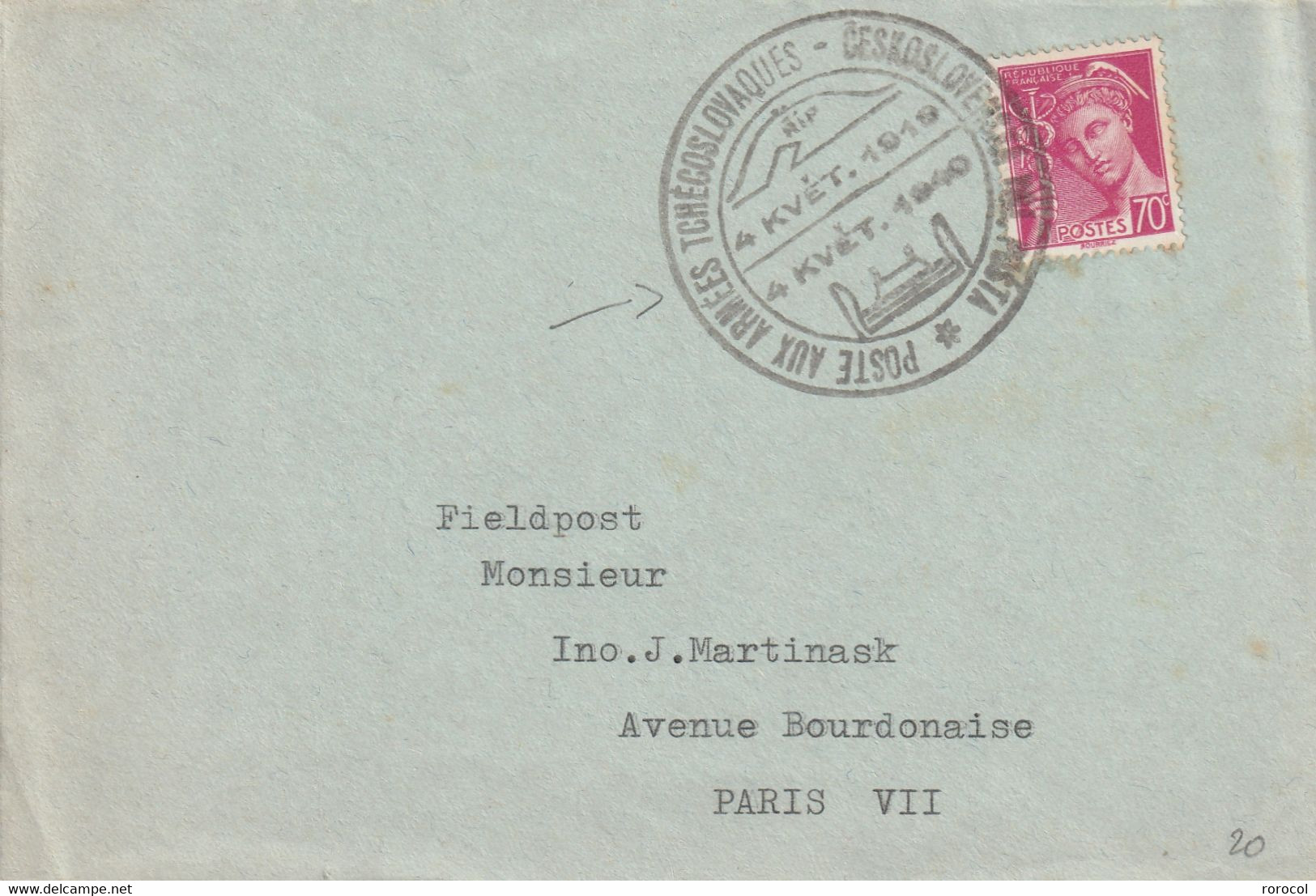 LETTRE 1940 Cachet POSTE AUX ARMEES TCHECOSLOVAQUES - 1938-42 Mercure