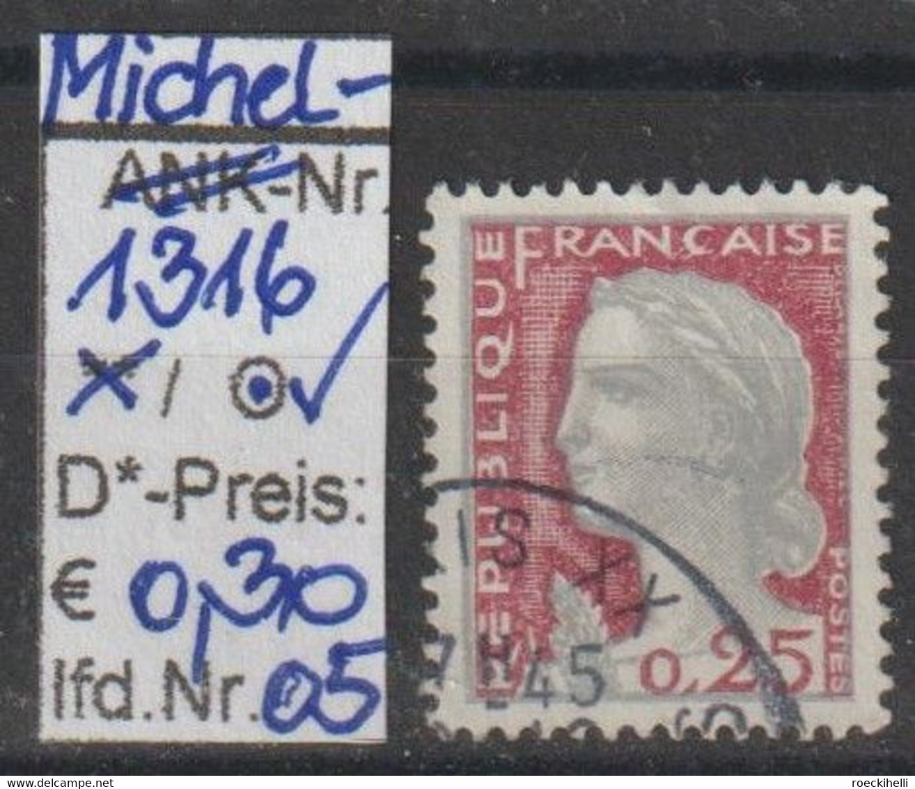1960 - FRANKREICH - FM/DM "Marianne (Decaris)" 0,25 Fr Grau/karmin - O Gestempelt - S.Scan (fr 1316o 01-15) - 1960 Marianne De Decaris