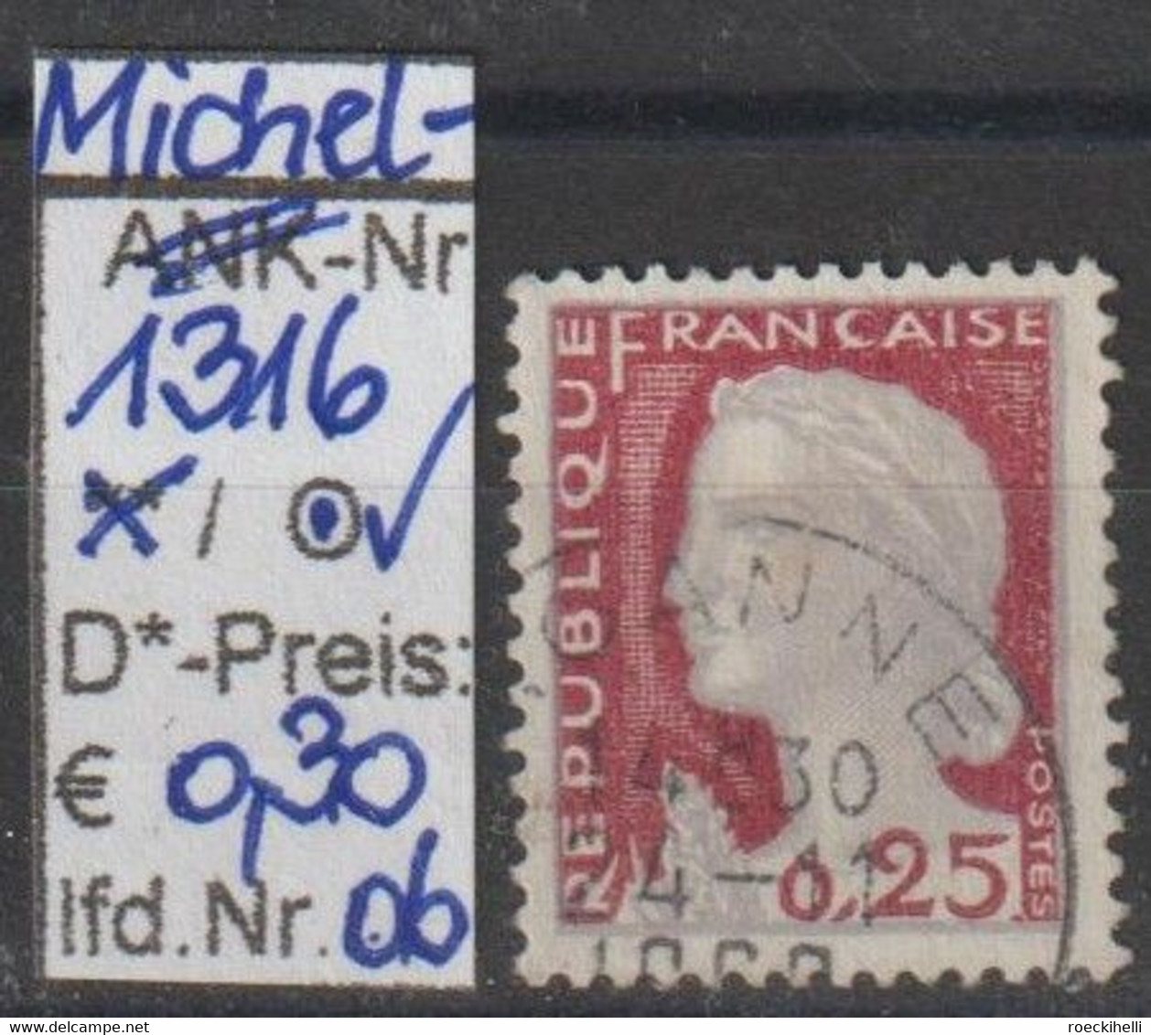 1960 - FRANKREICH - FM/DM "Marianne (Decaris)" 0,25 Fr grau/karmin - o gestempelt - s.Scan (fr 1316o 01-15)