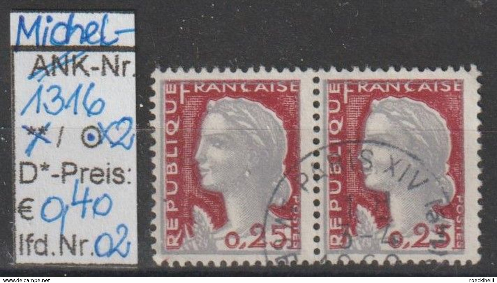 1960 - FRANKREICH - FM/DM "Marianne (Decaris)" 0,25 Fr Grau/karmin - 2x O Gestempelt - S.Scan (fr 1316o X2 01-03) - 1960 Marianne De Decaris