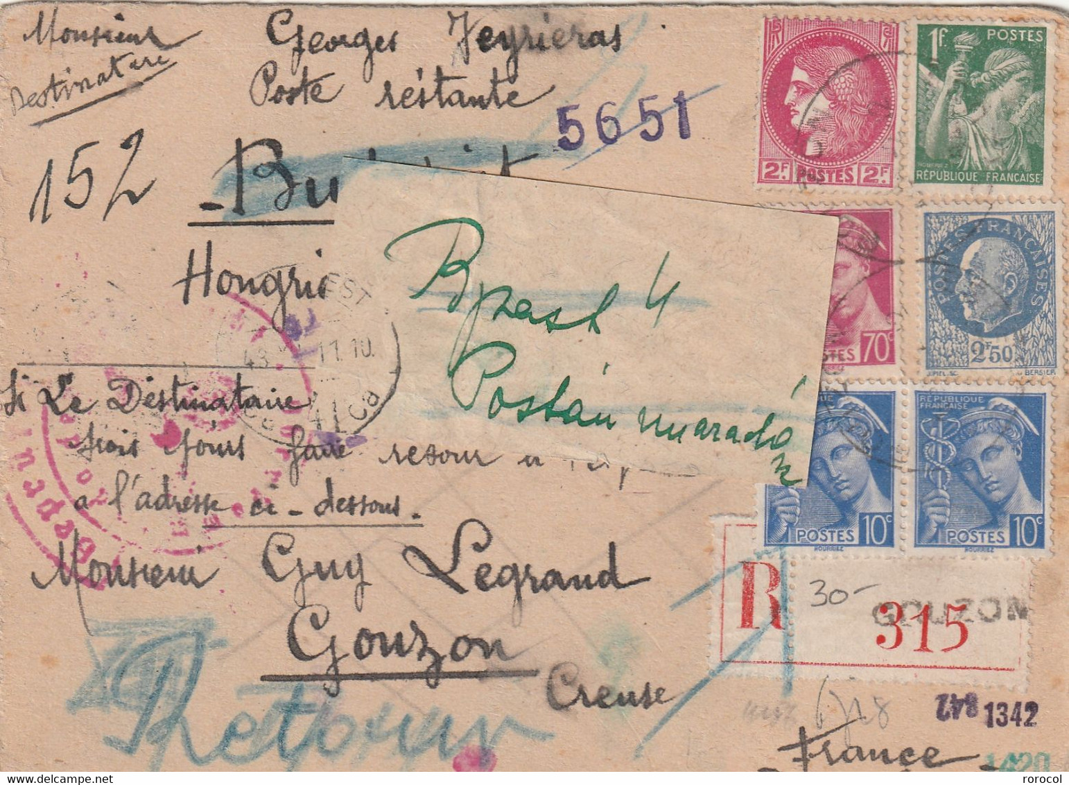 CARTE RECOMMANDEE ECRITE SUR CARTON 1943 GOUZON Envoyé En Poste Restante NOMBREUX CACHET CENSURE - 1938-42 Mercure