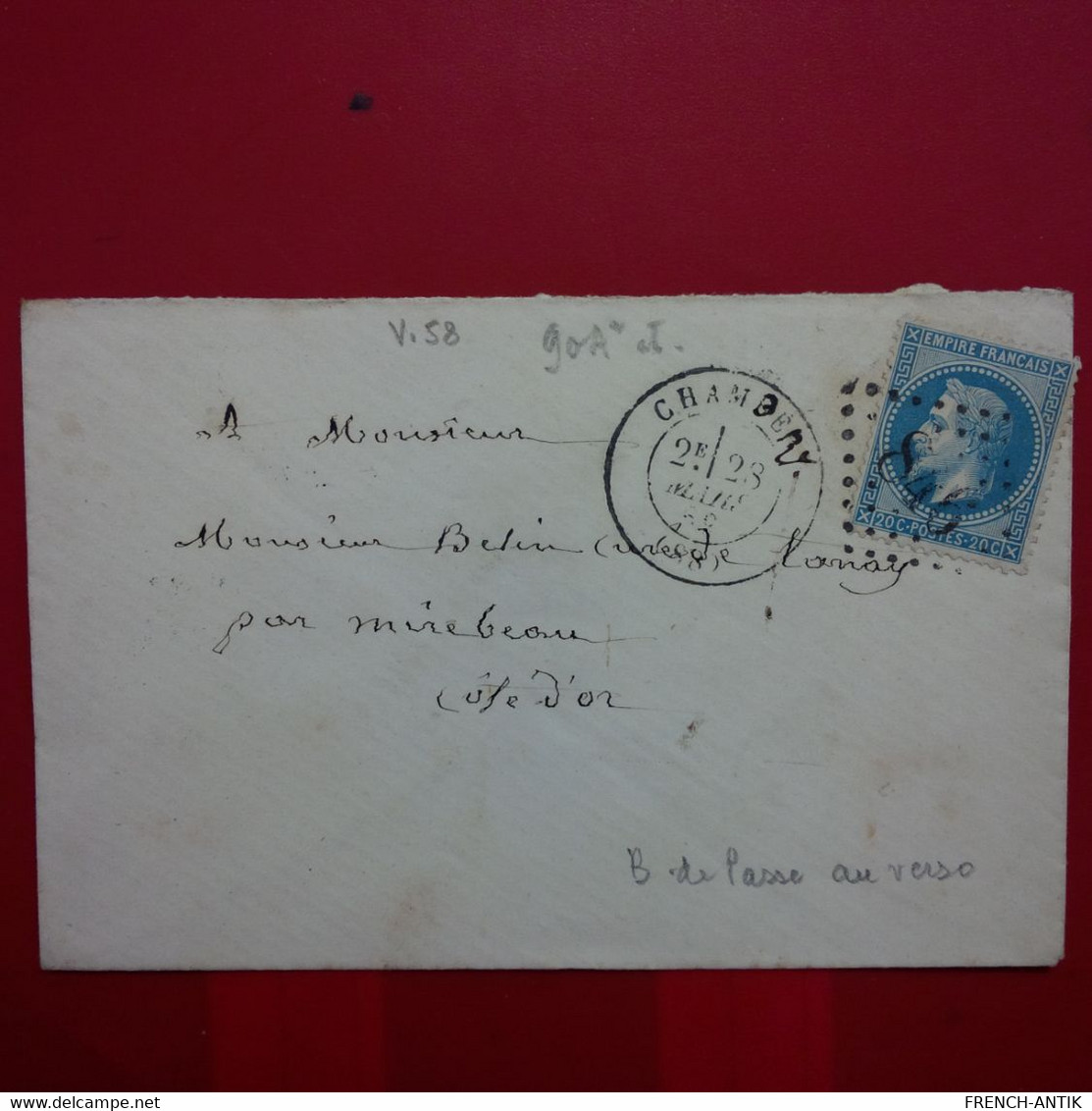 LETTRE CHAMBERY POUR TANAY COTE D OR - 1863-1870 Napoleon III Gelauwerd