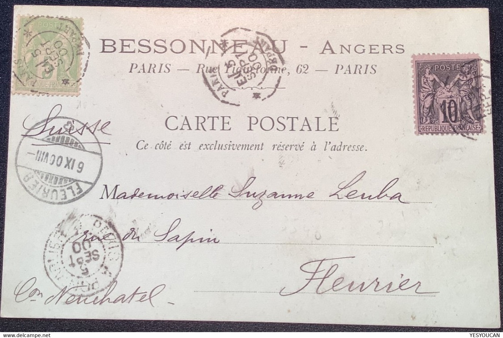 LEVÉE EXCEPTIONNELLE RARE: "PARIS DEPART E1 1900" Carte Postale Affr Sage>Fleurier Suisse (France Lettre Cpa - 1877-1920: Période Semi Moderne