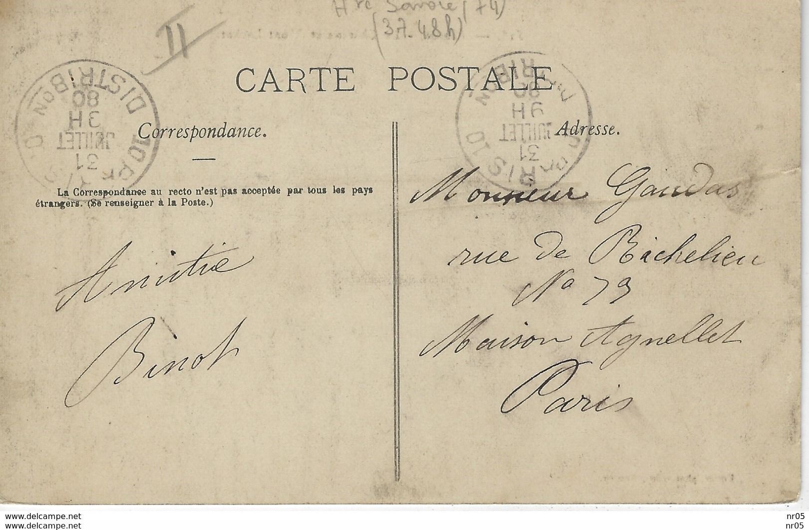 Curiosité - CAD A Date Annee Inversee  80 Au Lieu  De 08 " Paris 10 Distribution " Sur CP De Thones A Paris  1908 - Lettres & Documents