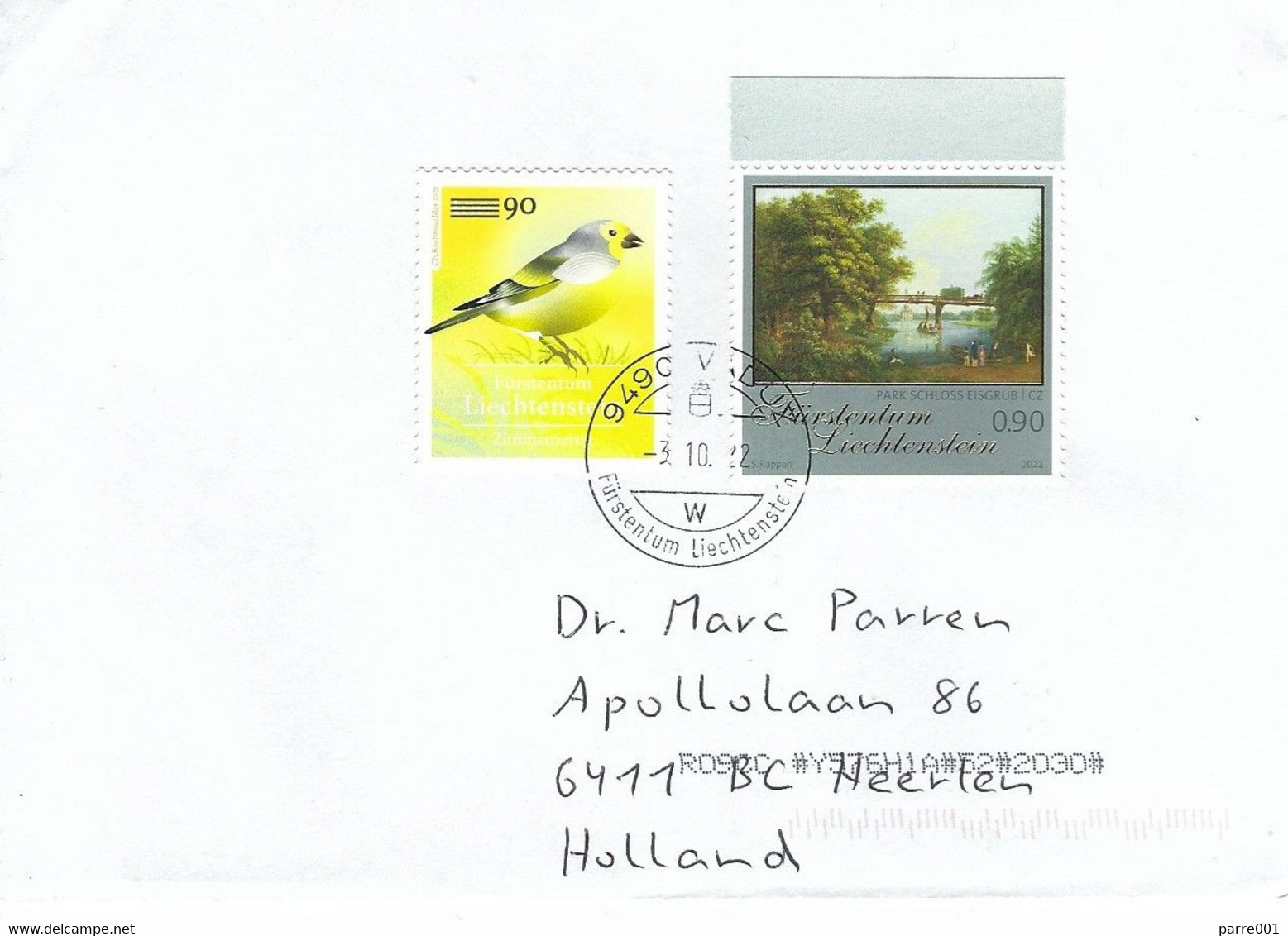 Liechtenstein 2022 Vaduz Eisgrub Castle Garden CZ Citril Finch Carduelis Citrinella Overprint 90 On 100 R Cover - Briefe U. Dokumente