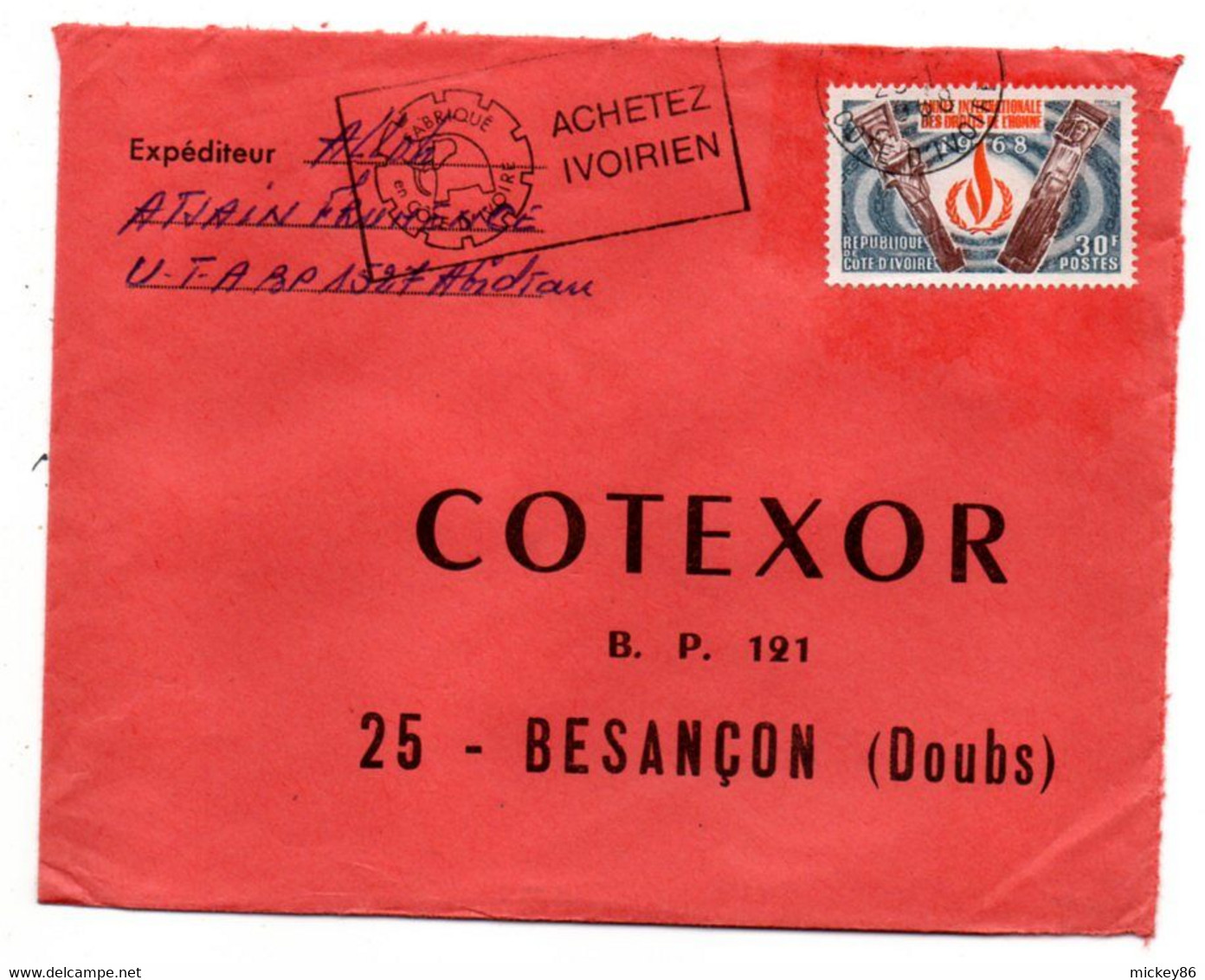 Côte D'Ivoire-1968- Lettre ABIDJAN Pour Besançon-25--tp Année Droits De L'Homme Seul Sur Lettre.cachet.Achetez Ivoirien. - Côte D'Ivoire (1960-...)