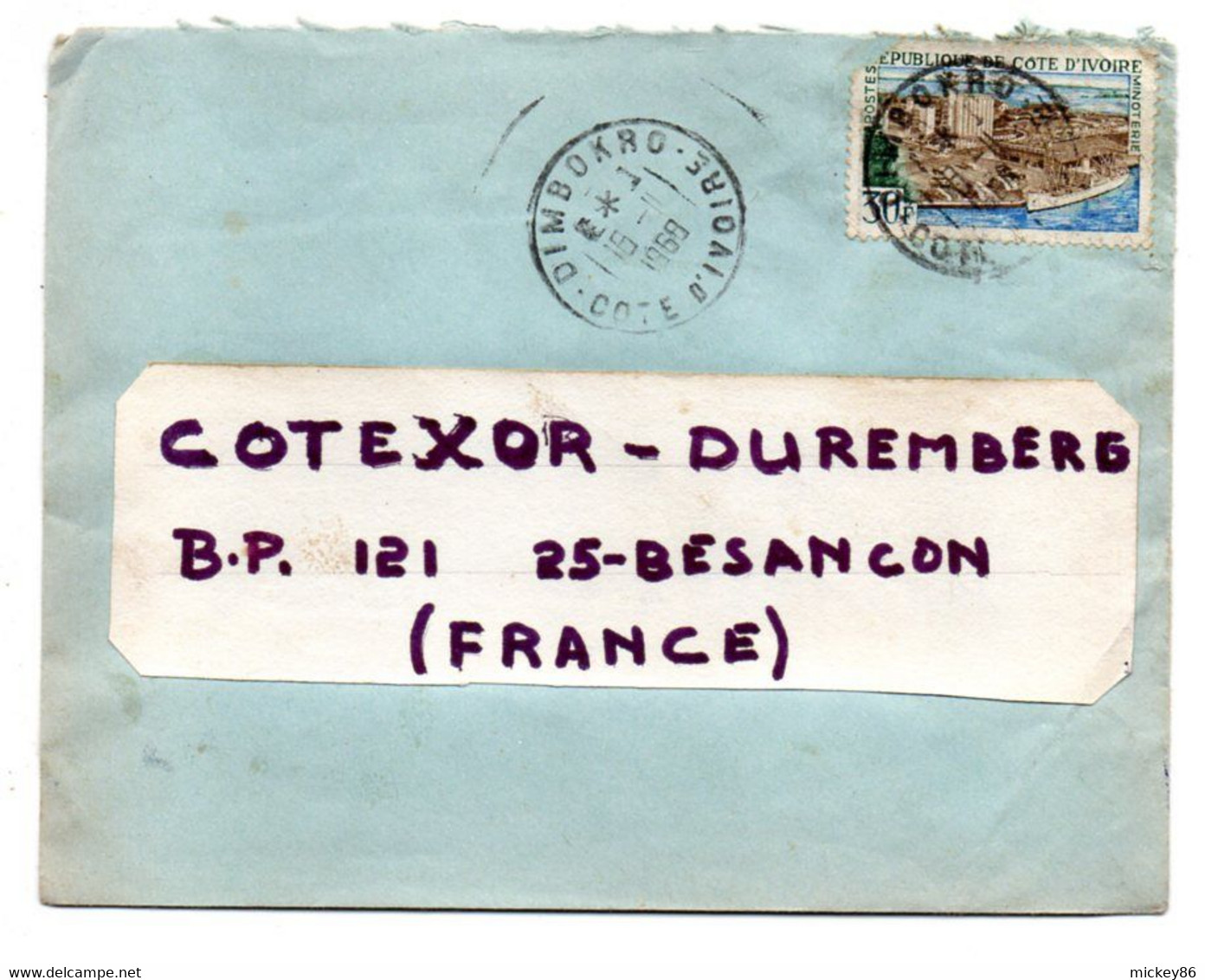 Côte D'Ivoire-1968- Lettre DIMBOKRO  Pour Besançon-25--tp Minoterie Seul Sur Lettre.....cachet....... - Côte D'Ivoire (1960-...)
