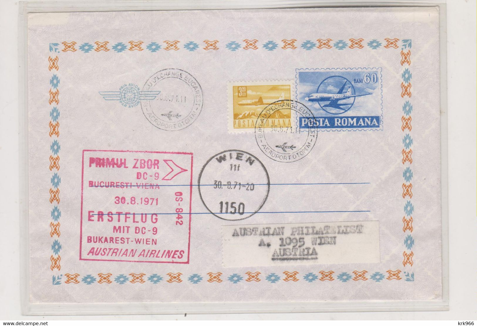 ROMANIA  1971 BUCAREST First Flight Airmail Cover KUKAREST-WIEN - Lettres & Documents