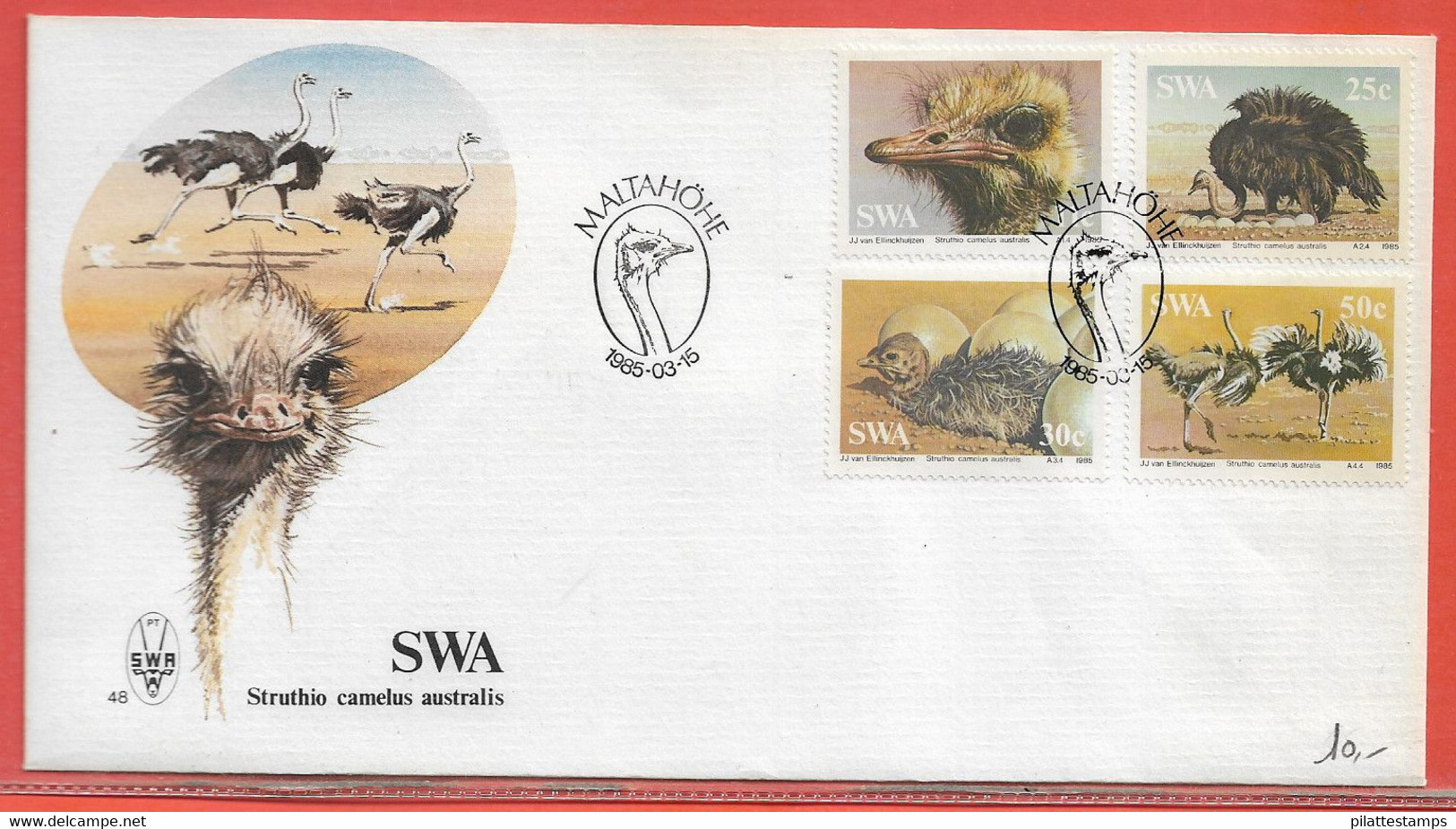 OISEAUX AUTRUCHES SUD OUEST AFRICAIN LETTRE FDC DE 1985 - Struisvogels
