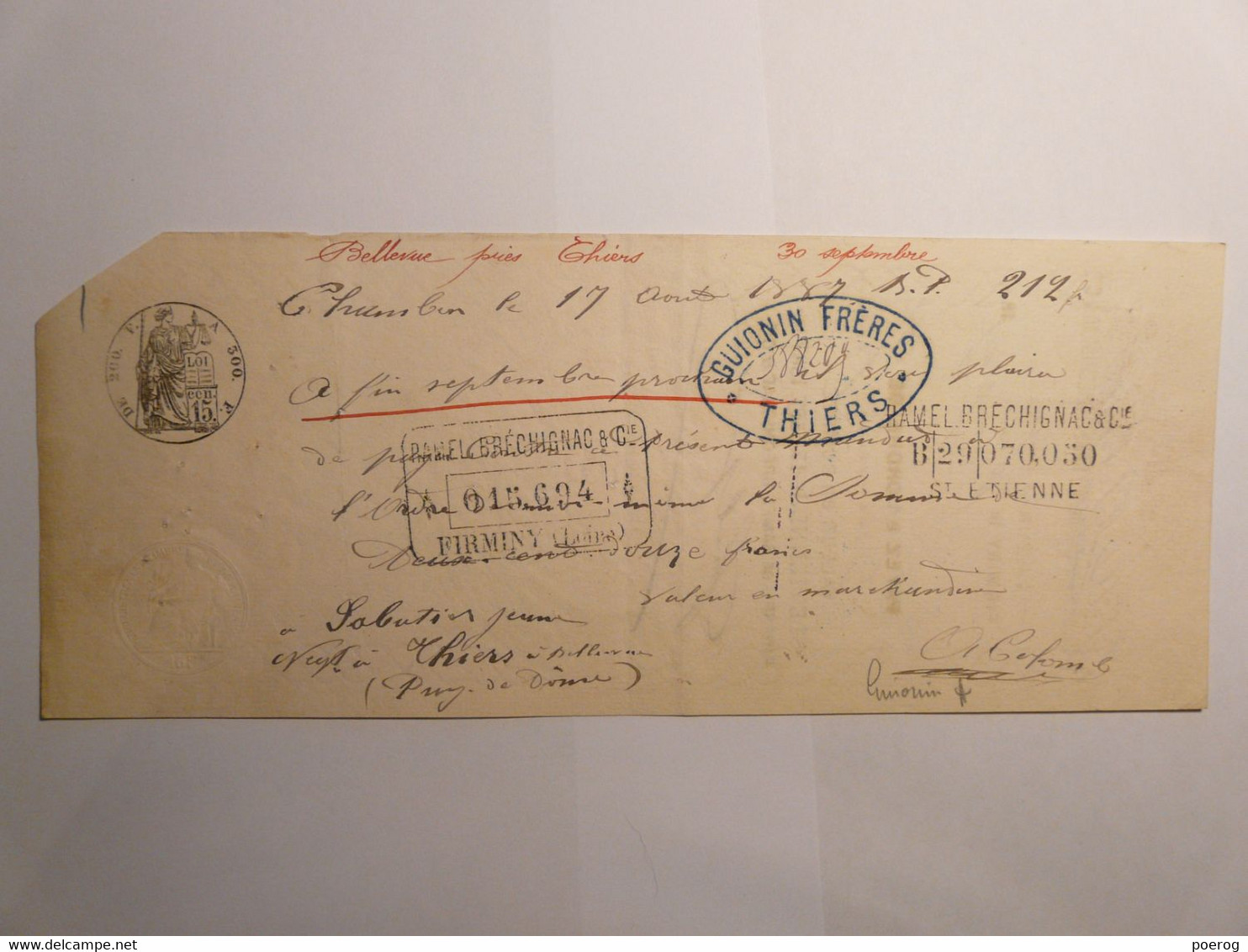 MANDAT LETTRE DE CHANGE CHEQUE - 17 AOUT 1887 - THIERS SUR PAPIER LIBRE FILIGRANNE - Bills Of Exchange