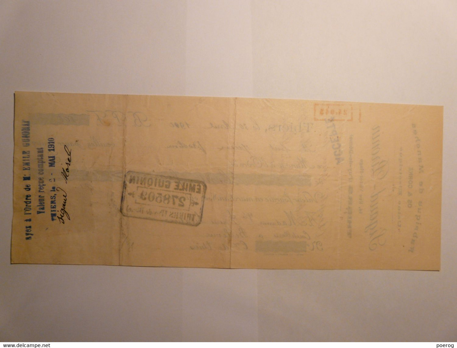 MANDAT LETTRE DE CHANGE CHEQUE - SIGAUD PIRONIN MANCHES OS & CORNE - THIERS - 30 AVRIL 1910 - VEUVE DOURIS SABATIER - Bills Of Exchange