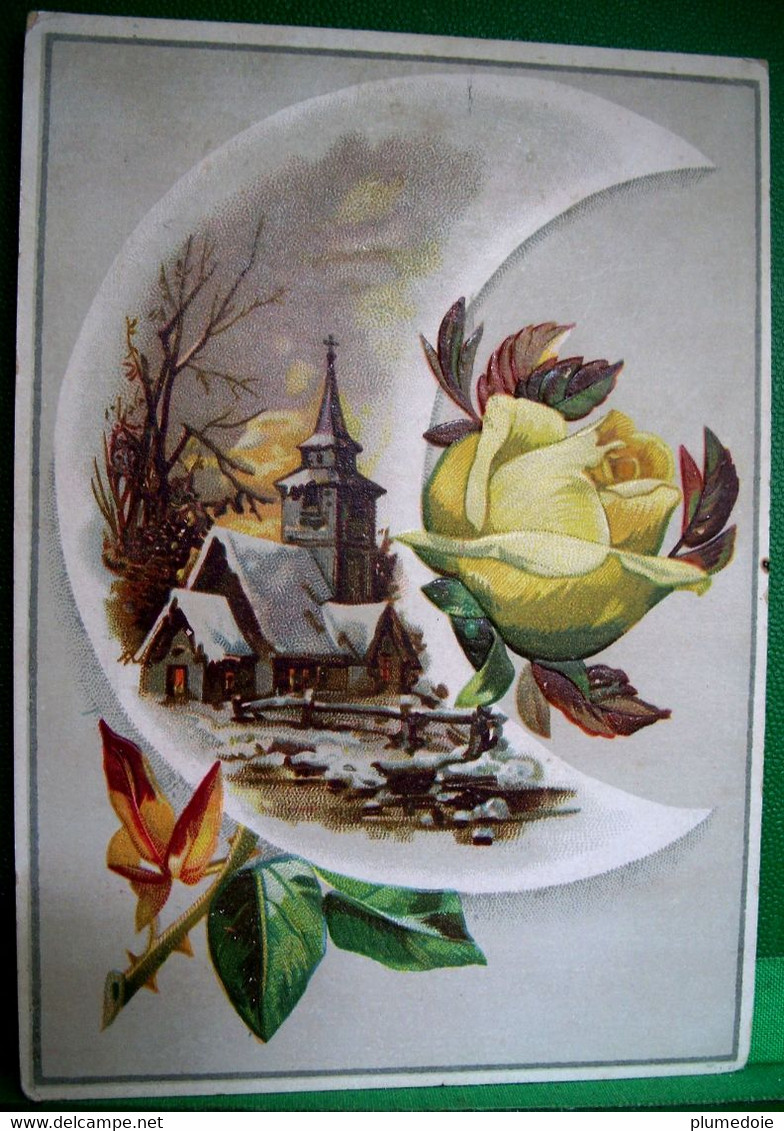 CHROMO XIX ° Gaufrée CROISSANT LUNE . ROSE JAUNE  PAYSAGE De NEIGE, Victorian Card  SCRAP, Embossed   MOON SNOW COUNTRY - Di Natale