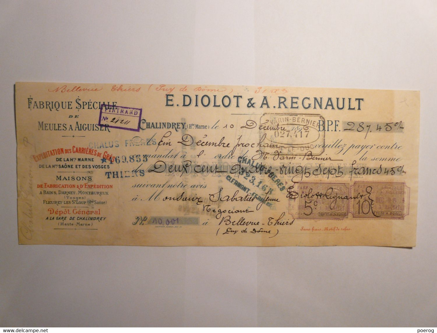 MANDAT LETTRE DE CHANGE CHEQUE - CHALINDREY 10 DECEMBRE 1896 - FABRIQUE DE MEULES A AIGUISER -  SABATIER JEUNE THIERS - Bills Of Exchange