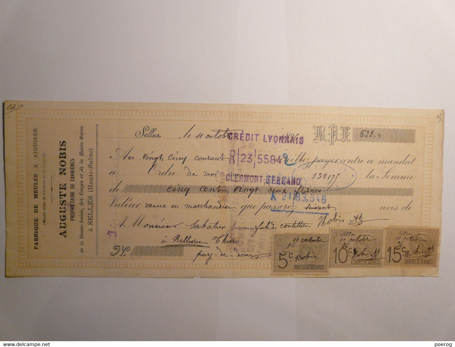 MANDAT LETTRE DE CHANGE CHEQUE - 11 OCTOBRE 1896 - AUGUSTE NOBIS SELLES HAUTE SAONE - SABATIER JEUNE COUTELLERIE THIERS - Bills Of Exchange