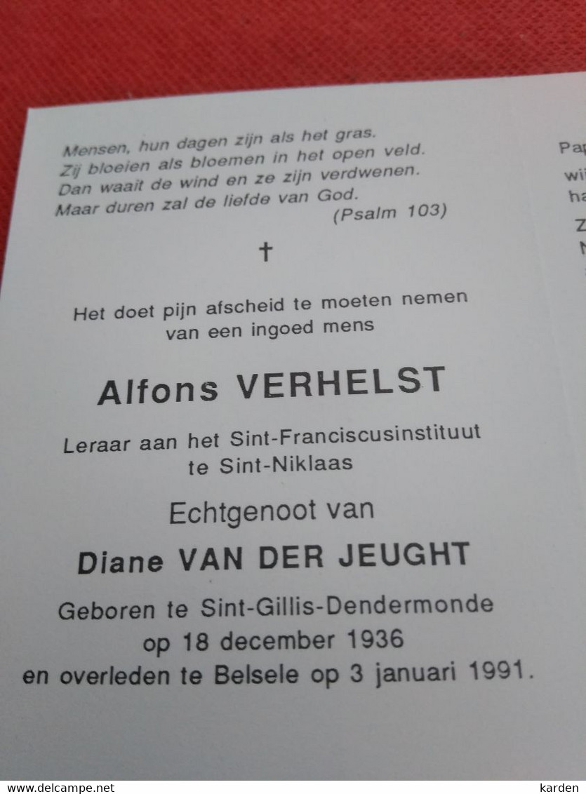 Doodsprentje Alfons Verhelst / Sint Gillis Dendermonde 18/12/1936 Belsele 3/1/1991 ( Diane Van Der Jeught ) - Godsdienst & Esoterisme