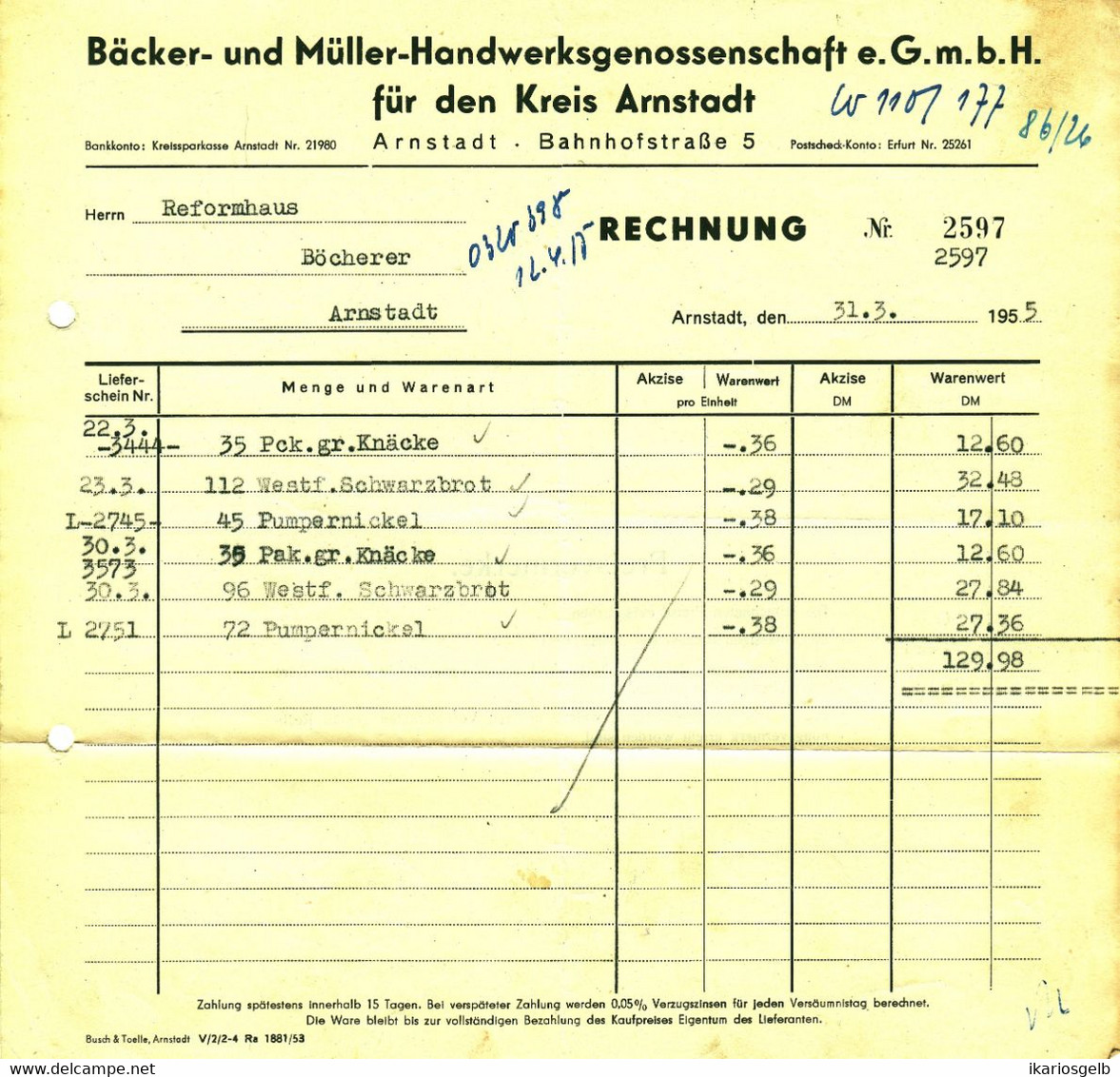 Arnstadt Thüringen DDR 1955 Rechnung " Bäcker- U. Müller-Handwerksgenossenschaft EGmbH " - Alimentos