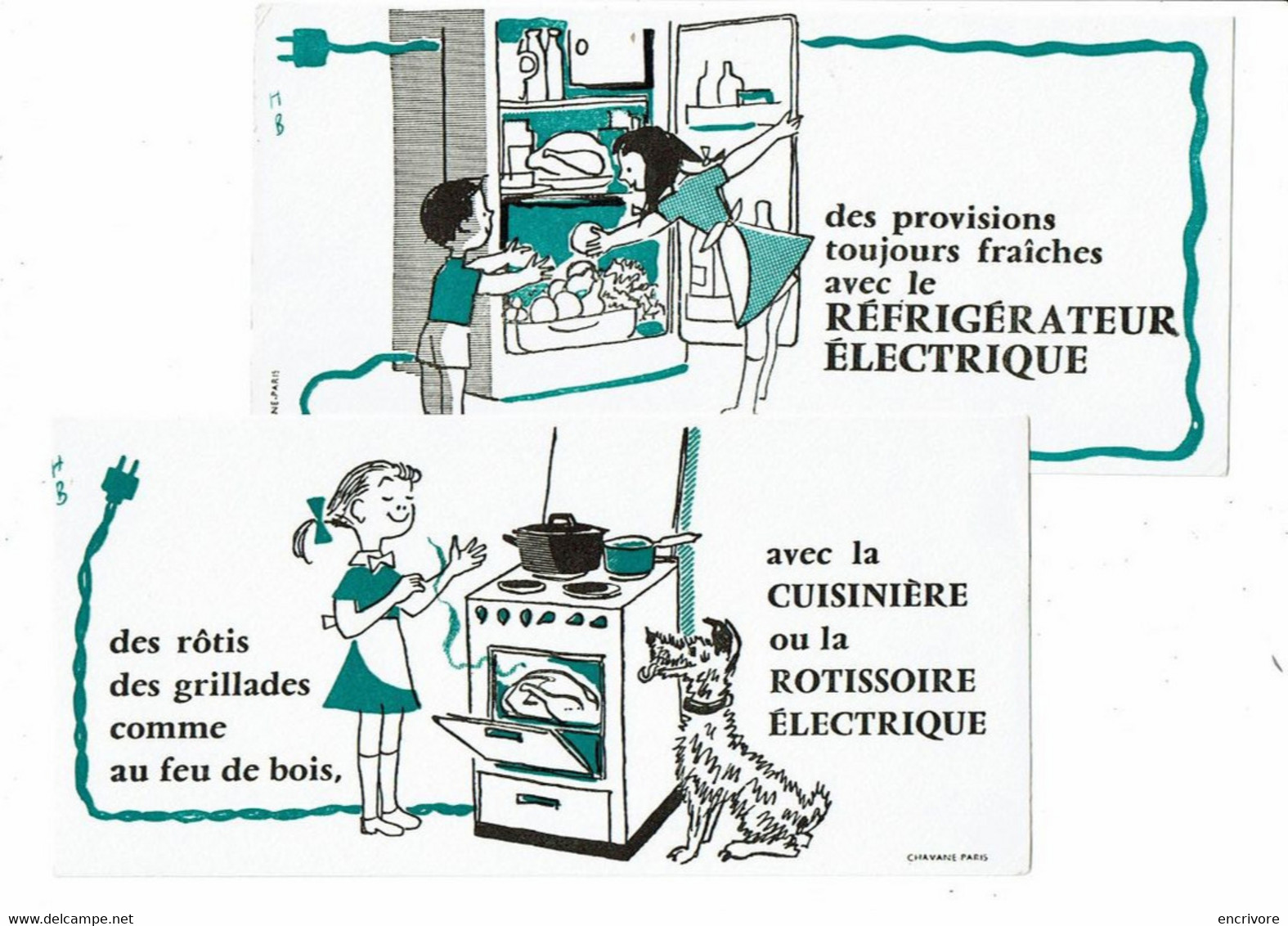 2 Buvard CUISINIERE ROTISSOIRE ELECTRIQUE REFRIGERATEUR  Chien Dessin Hervé BAILLE - Electricité & Gaz