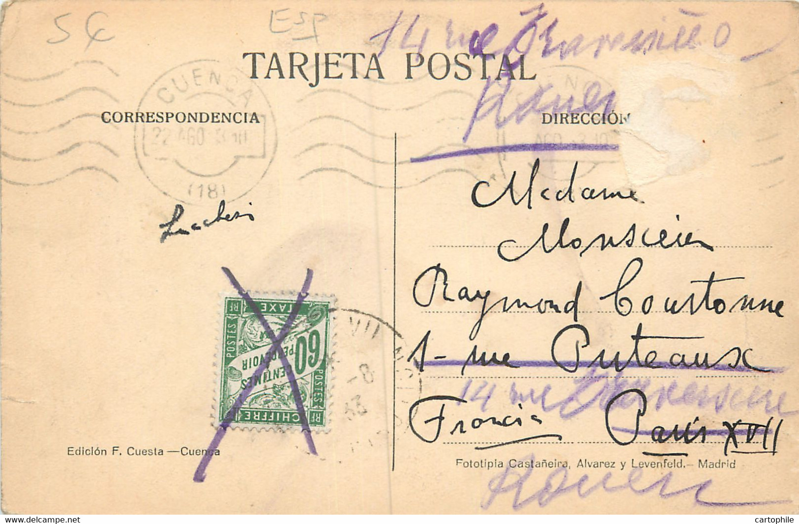 Cuenca - Huerta De Una - 1933 Con Sello Fiscal Impuesto Francés 60c - Cuenca