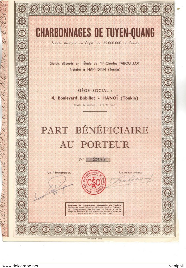 CHARBONNAGES DE TUYEN-QUANG - HANOI -TONKIN - LOT DE 10 PARTS BENEFICIAIRES- 1949 - Bergbau